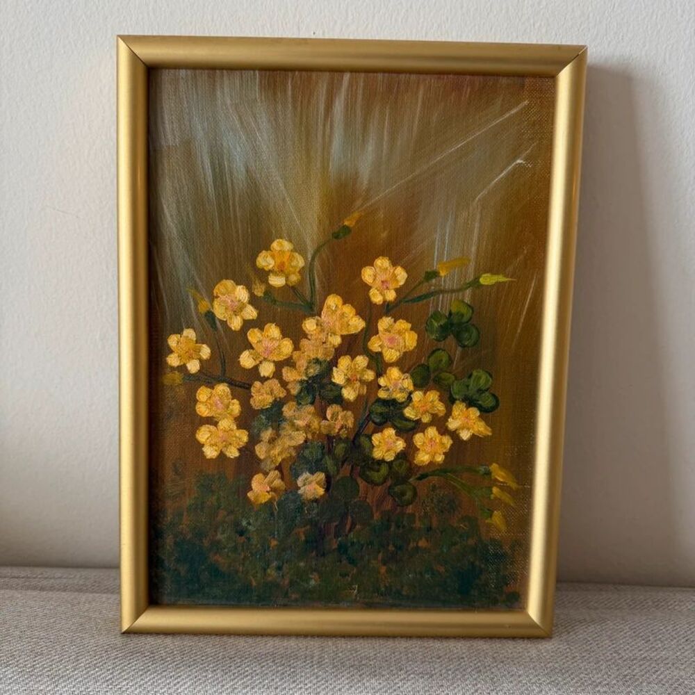 Vintage Floral Oil Painting – Yellow Buttercups Botanical in Gold Frame (12x10)